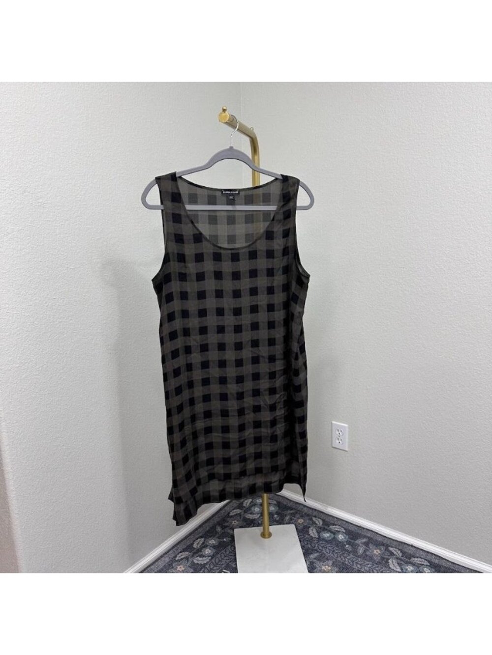 Eileen Fisher Buffalo Plaid Sleeveless Tunic Top 100% Silk Academia Womens Large